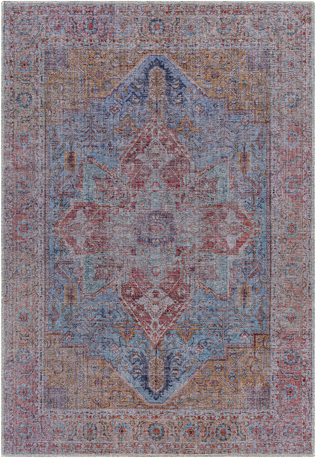 Close-up of the Otaki Washable Area Rug, featuring a traditional oriental design in gray, blue, red, and brown tones. Design-Rectangle-5373