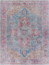 Close-up of the Otaki Washable Area Rug with a traditional oriental pattern in dark gray, purple, brown, and natural gray. Design-Rectangle-710102