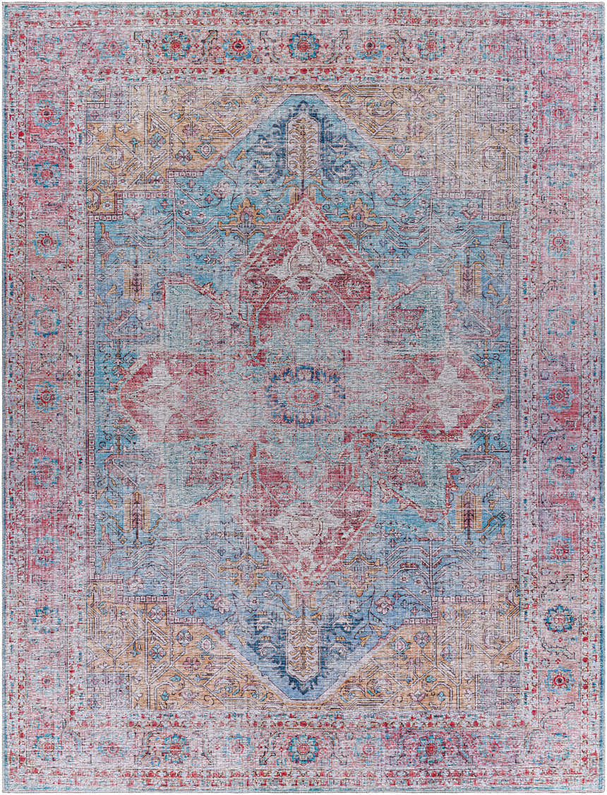 Close-up of the Otaki Washable Area Rug with a traditional oriental pattern in dark gray, purple, brown, and natural gray. Design-Rectangle-710102