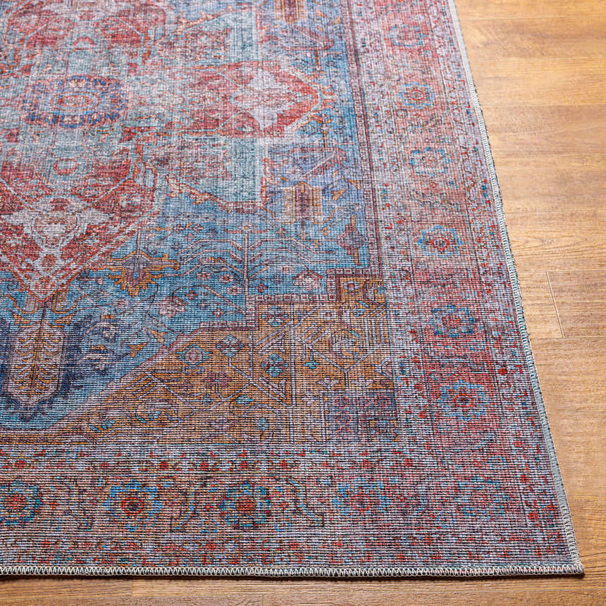 Close-up of the Otaki Washable Area Rug with a traditional oriental pattern in dark gray, brown, red, and blue tones. Front