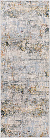 Close-up of the Ottawa Luxe Rug. Contemporary Persian style with brick red, cream, blue, and gray tones. Design-Runner-2773
