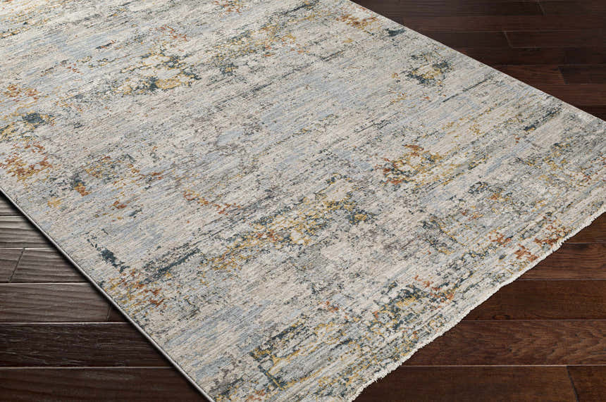 Close-up of the Ottawa Luxe Rug showing its cream, gray, teal, and brick red contemporary Persian design and soft texture. Corner