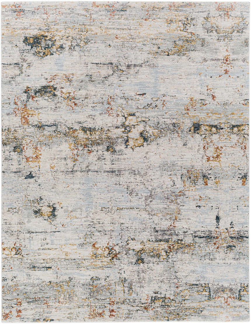 Close-up of the Ottawa Luxe Rug, a machine-woven polyester rug with brick red, cream, and blue abstract Persian-style design. Design-Rectangle-710103