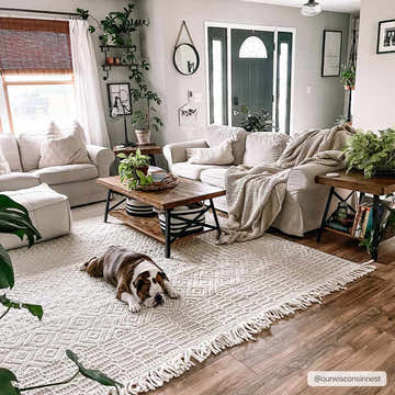 Living room scene with a neutral Ryne Area Rug, white sofas, wood accents, and a bulldog lounging on the rug. Roomscene-Rectangle