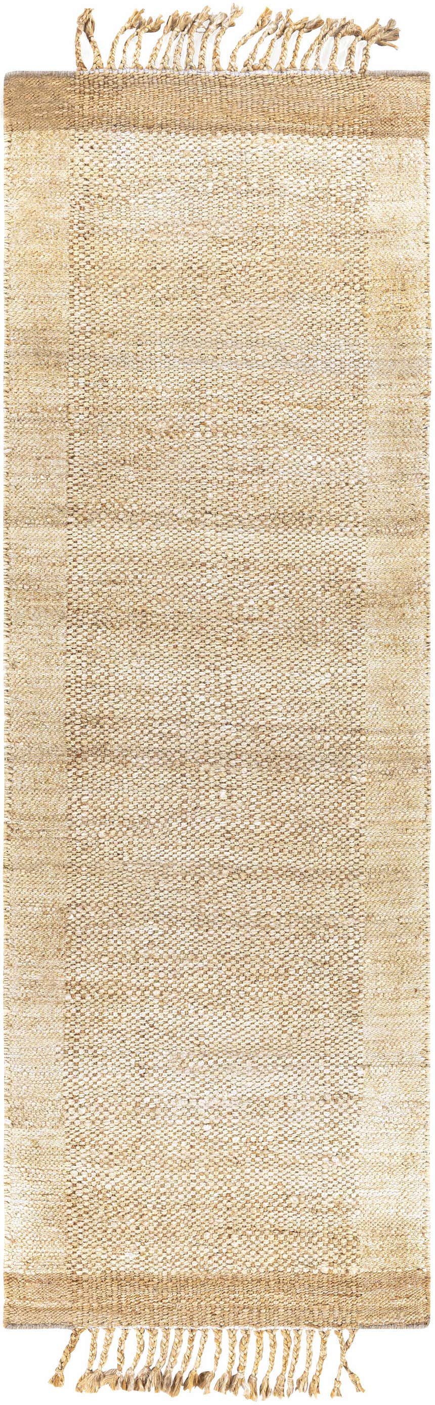 Close-up of the Outaouais Jute Rug. Hand-woven rug in light brown and natural jute with fringe. Contemporary, farmhouse style. Design-Runner-268