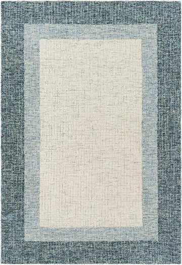 Close-up of the hand-tufted Padada Green Bordered Cream Wool Rug, featuring cream, light blue and navy hues. Design-Rectangle-576