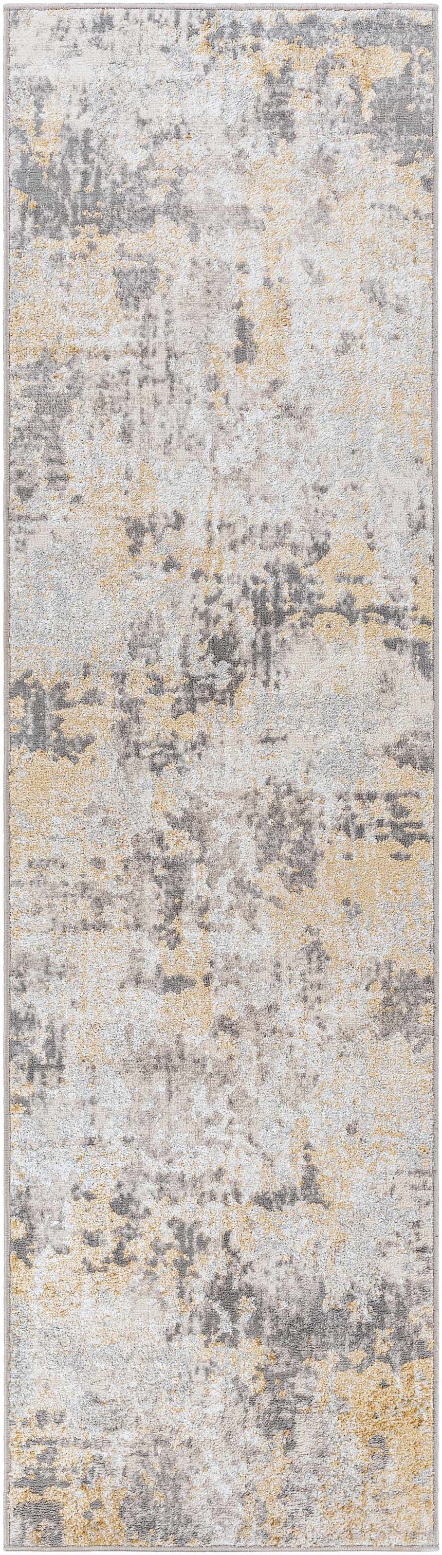 Close-up of the Pagbilao Runner rug. Contemporary style with a camel, charcoal, and gray abstract pattern. Design-Runner