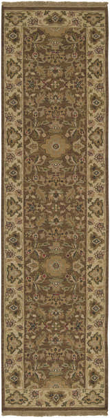 Detailed, close-up of the hand-knotted Palmview Area Rug. Traditional floral pattern in beige, brown, tan, and dark purple tones. Design-Runner-2610