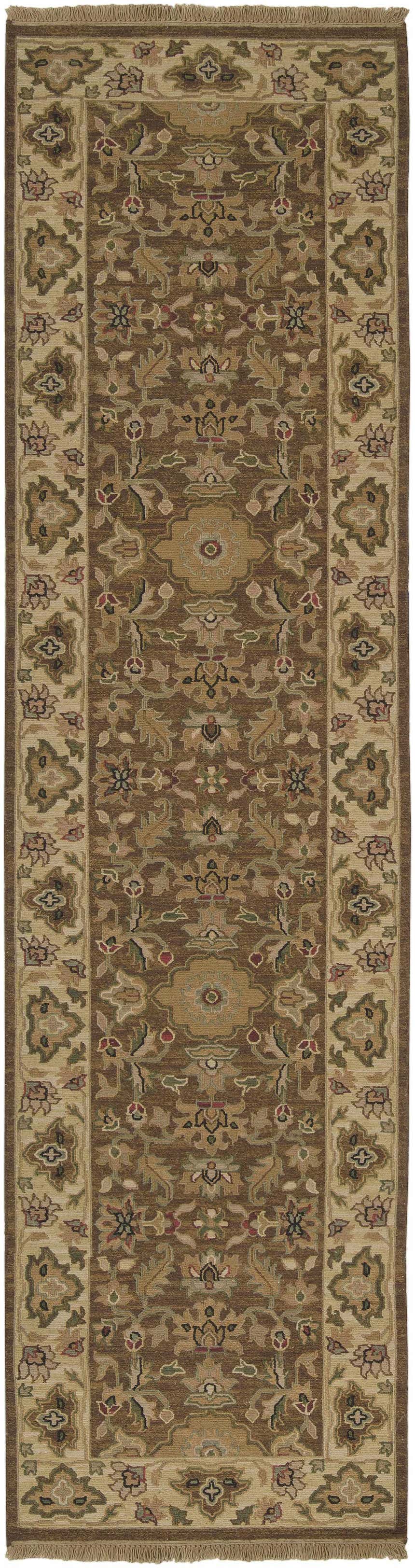 Detailed, close-up of the hand-knotted Palmview Area Rug. Traditional floral pattern in beige, brown, tan, and dark purple tones. Design-Runner-2610