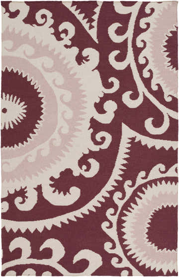 Close-up of the hand-woven Panaca Area Rug. Features a contemporary, swirling pattern in burgundy, pink, and cream. 100% wool. Design-Rectangle-58