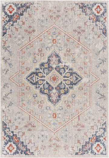 Close-up of the Papineauville Area Rug. Traditional rug design in aqua, cream, dark blue, gray, red, and saffron. Design-Rectangle-537