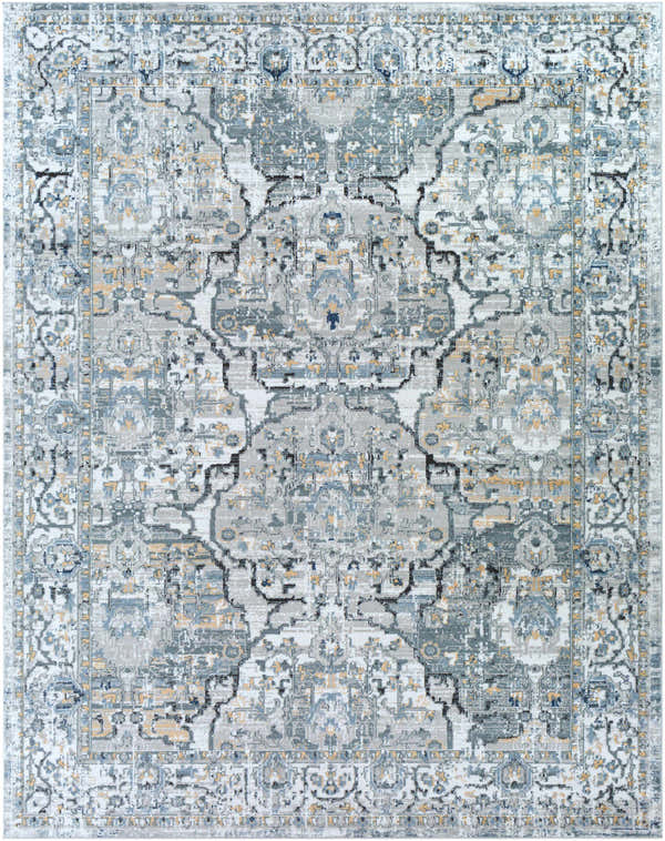 Detailed Parcoal Area Rug close-up. Bohemian style rug in beige, blue, gray, and peach tones. Traditional pattern. Design-Rectangle-71010