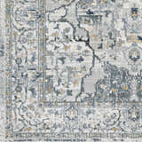 Close-up of Parcoal Area Rug showcasing its beige, blue, and gray traditional, oriental-inspired pattern. Swatch