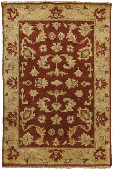 Close-up of the hand-knotted Parkhill Area Rug. Brick red wool rug with a light beige floral pattern and border. Farmhouse style. Design-Rectangle-23