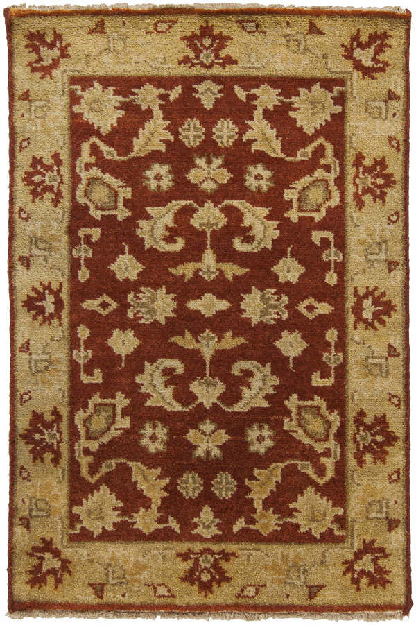 Close-up of the hand-knotted Parkhill Area Rug. Brick red wool rug with a light beige floral pattern and border. Farmhouse style. Design-Rectangle-23