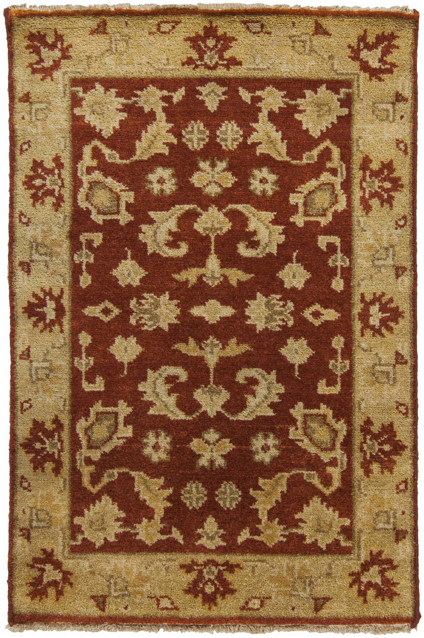 Close-up of the hand-knotted Parkhill Area Rug. Brick red wool rug with a light beige floral pattern and border. Farmhouse style. Design-Rectangle-23