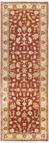 Close-up of the hand-knotted Parkhill Area Rug. Features a traditional floral pattern in brick red and light beige wool. Design-Runner-268