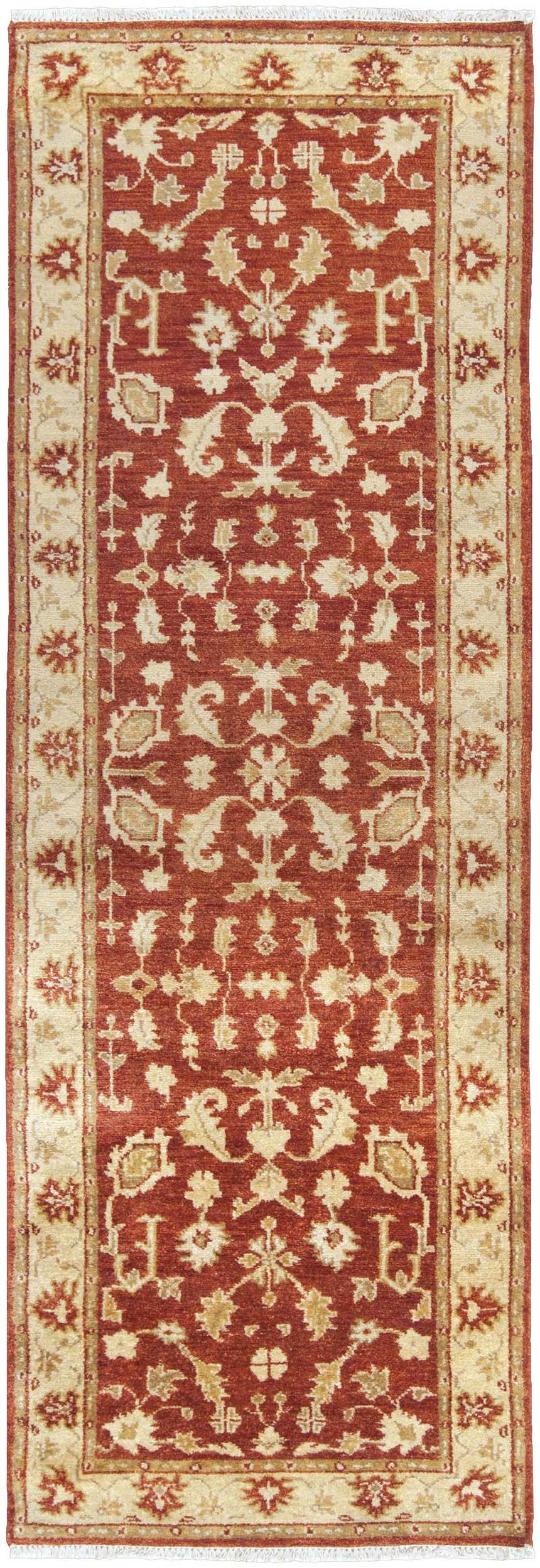 Close-up of the hand-knotted Parkhill Area Rug. Features a traditional floral pattern in brick red and light beige wool. Design-Runner-268