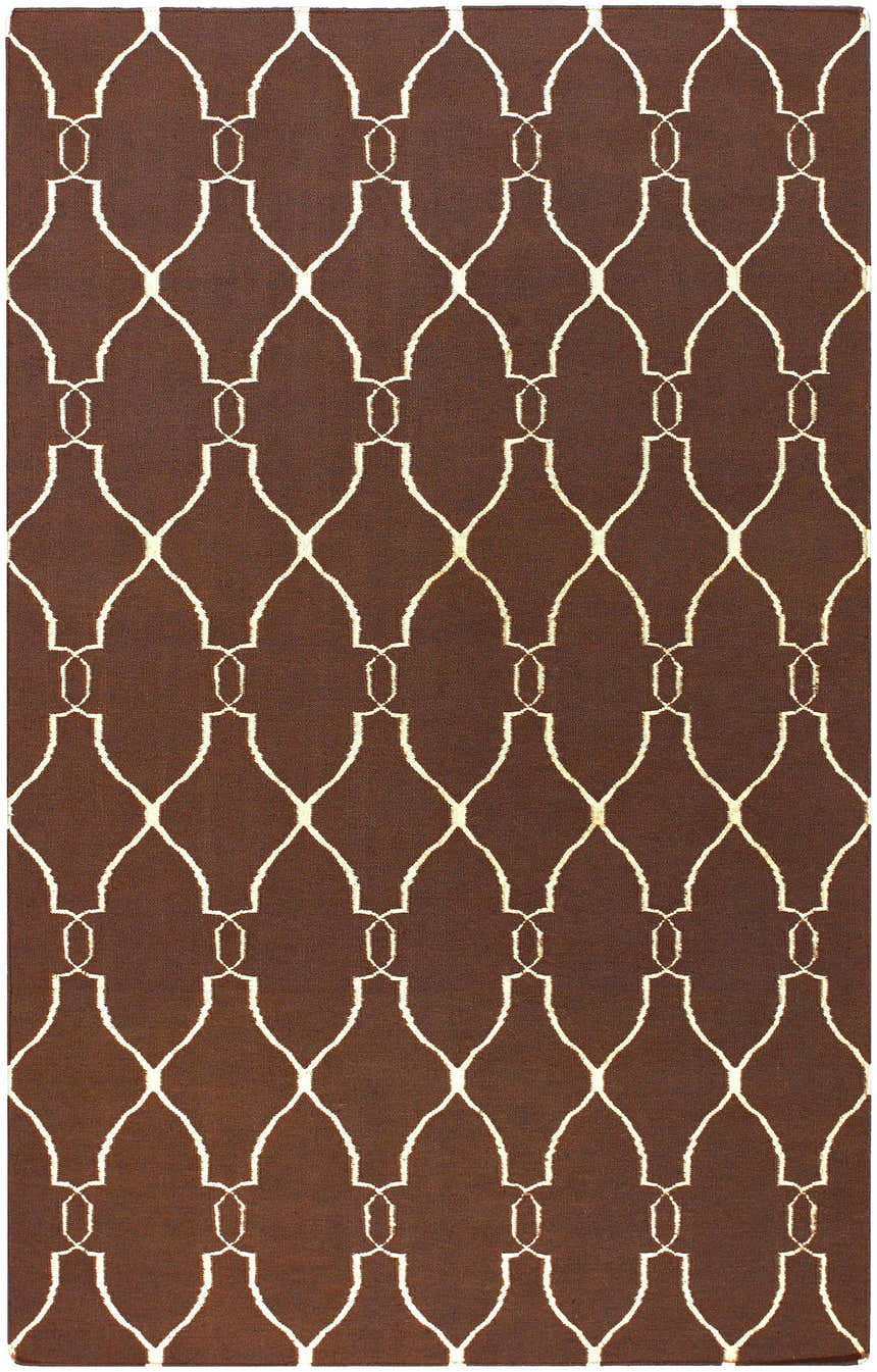 Close-up of Partington Brown Wool Carpet Area Rug with a light beige geometric trellis pattern on a dark brown background. Design-Rectangle-58