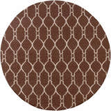 Close-up of round Partington Brown Wool Carpet Area Rug with a light beige geometric trellis pattern. Design-Round-8