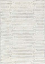 Close-up of the Partlow Area Rug: beige and cream viscose with a contemporary geometric pattern. Design-Rectangle-23