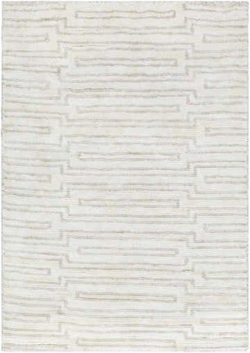Close-up of the Partlow Area Rug: beige and cream viscose with a contemporary geometric pattern. Design-Rectangle-23
