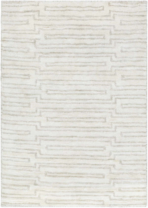 Close-up of the Partlow Area Rug: beige and cream viscose with a contemporary geometric pattern. Design-Rectangle-23