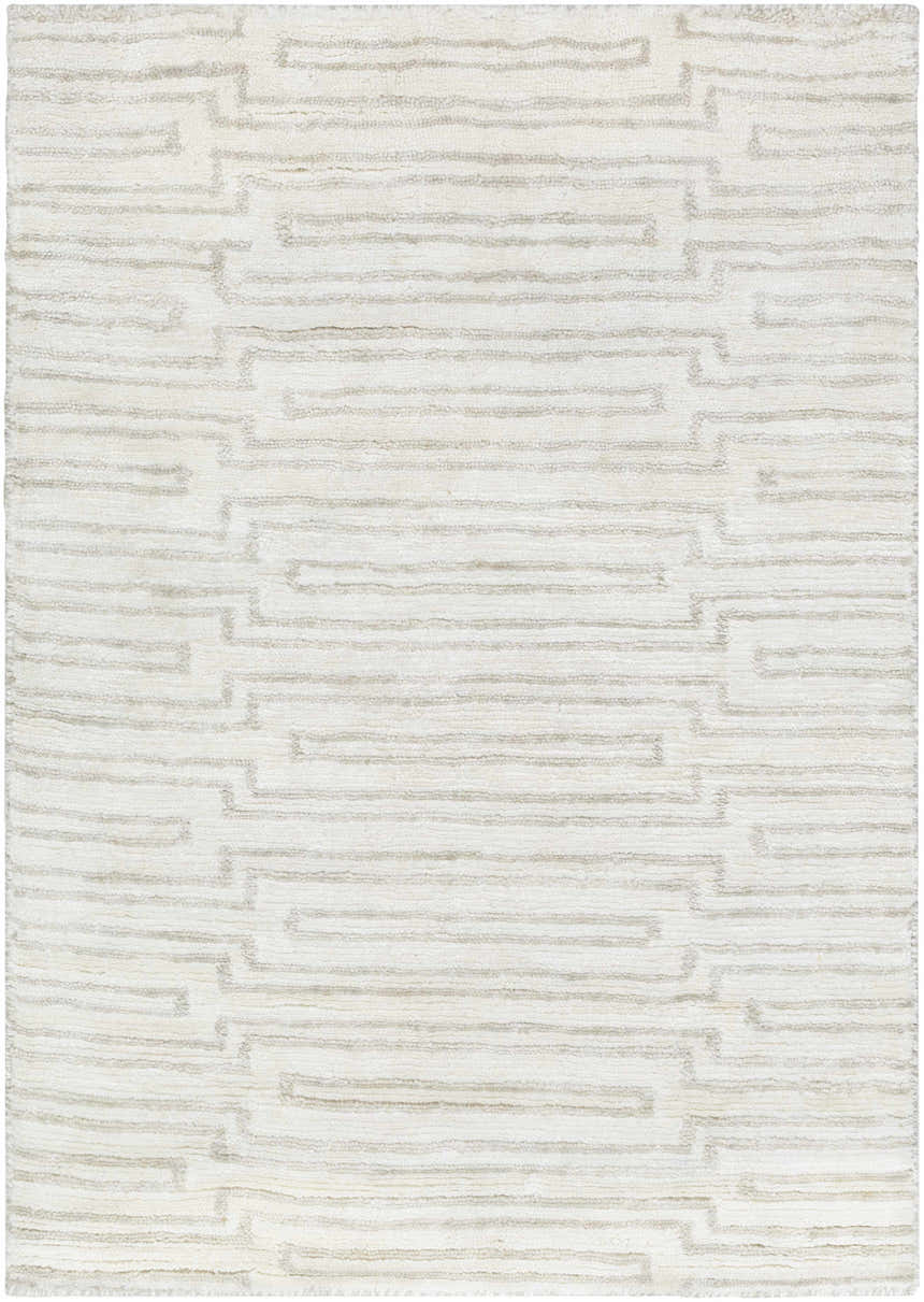 Close-up of the Partlow Area Rug: beige and cream viscose with a contemporary geometric pattern. Design-Rectangle-23