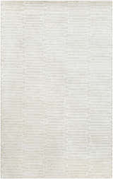 Close-up of the Partlow Area Rug. Beige and cream viscose rug with a contemporary geometric pattern. Hand-knotted texture. Design-Rectangle-58