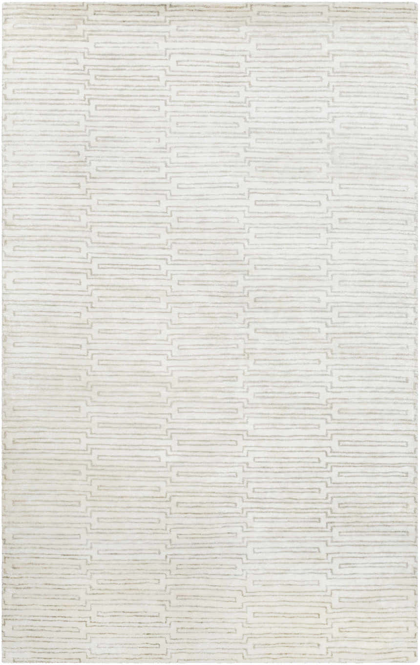 Close-up of the Partlow Area Rug. Beige and cream viscose rug with a contemporary geometric pattern. Hand-knotted texture. Design-Rectangle-58