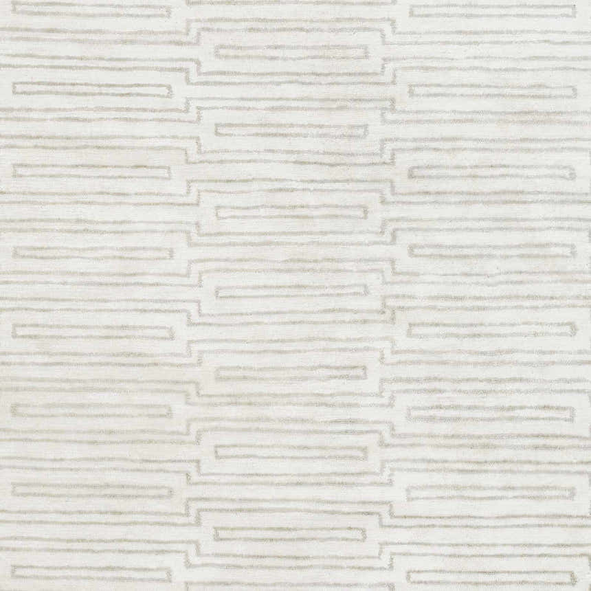 Close up of the Partlow Area Rug. Beige and cream viscose rug with a contemporary geometric pattern. Swatch