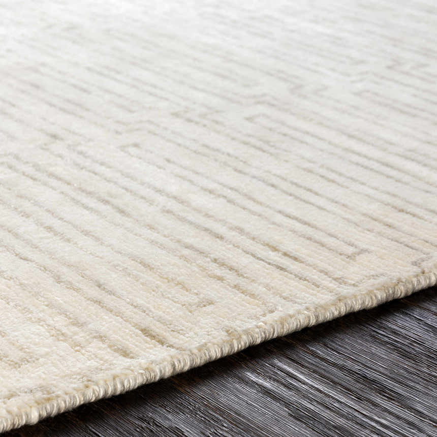 Close-up of the hand-knotted Partlow Area Rug. Beige and cream viscose with a subtle, contemporary geometric pattern. Texture