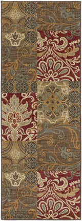 Close-up of the Pattersonville Area Rug featuring black, brown, burgundy, and teal traditional floral patterns. Design-Runner-2773