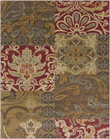 Detailed pattern of the Pattersonville Area Rug in black, brown, burgundy, and tan. Traditional floral and geometric motifs. Design-Rectangle