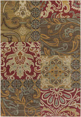 Detailed Pattersonville Area Rug featuring a patchwork of traditional floral patterns in brown, burgundy, and sage. Design-Rectangle