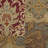 Close-up of the Pattersonville Area Rug. Patchwork design in burgundy, brown, tan, and teal with floral and paisley patterns. Swatch
