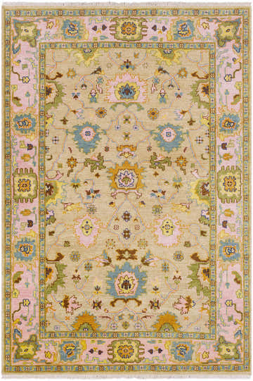 Close-up of the hand-knotted Peacham Area Rug. Bohemian style with brown, pink, blue, and mustard floral patterns. Design-Rectangle-5686