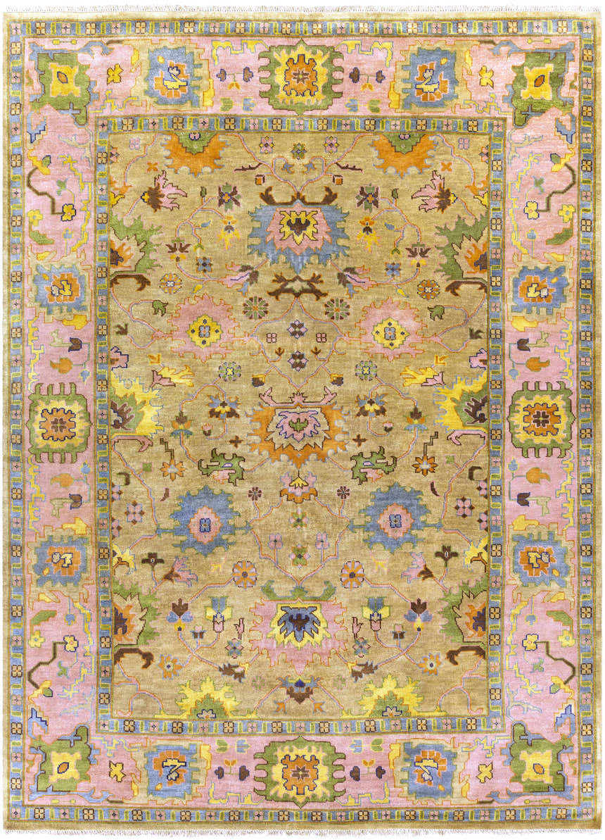 Hand knotted Peacham Area Rug with brown, pink, blue, and olive floral pattern. Bohemian style. Design-Rectangle-811