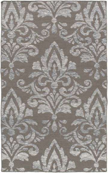 Pearsonville Area Carpet, a hand-woven runner rug with a gray and off-white damask pattern. Contemporary, farmhouse style. Design-Rectangle-576