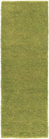 Close-up of the Frederika Solid Olive Green Wool Shag Rug, showing its texture and color. Contemporary style. Design-Runner-268
