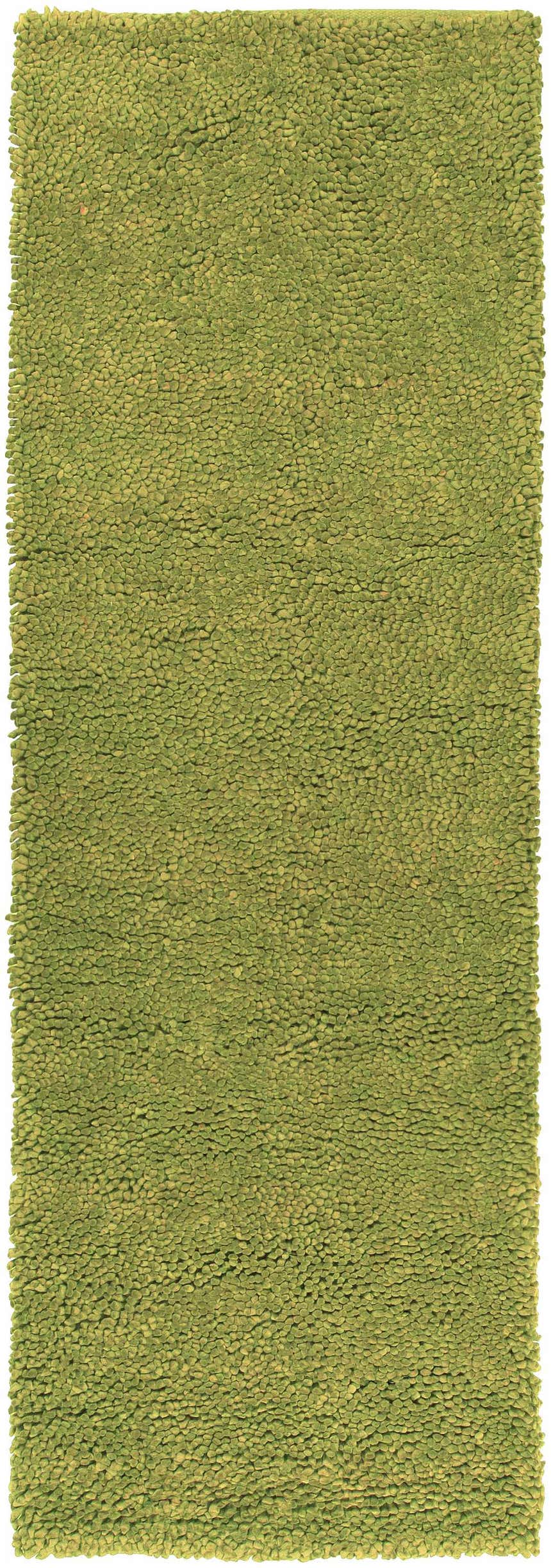 Close-up of the Frederika Solid Olive Green Wool Shag Rug, showing its texture and color. Contemporary style. Design-Runner-268