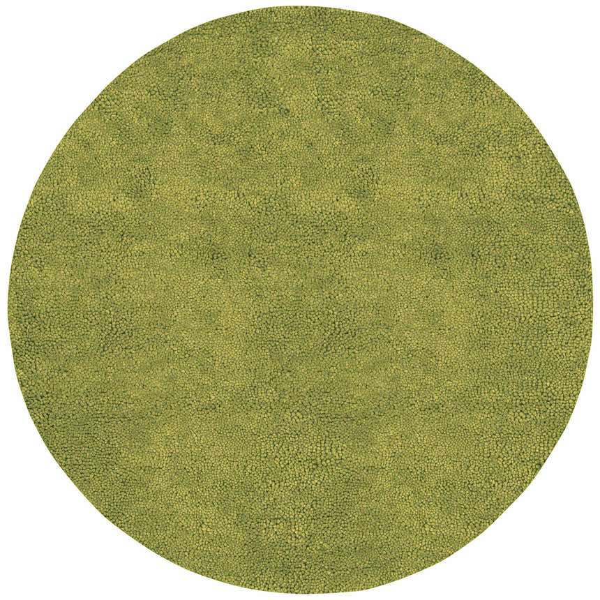 Close-up of the round Frederika Solid Olive Green shag rug, showing the texture of the 100% wool pile. Design-Round-8