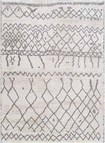 Close-up of Pembroke High Pile Tribal Area Rug. Beige rug with charcoal gray geometric tribal pattern. Soft, textured weave. Design-Rectangle-5373