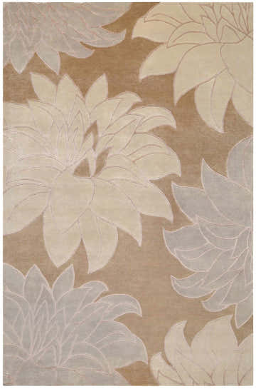 Close-up of the Penalosa Area Carpet. Hand-knotted wool rug with a large floral pattern in camel, beige, and gray tones. Design-Rectangle-58