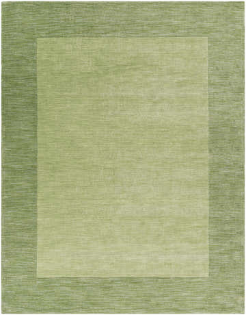 Close-up of a Bordered Solid Green Wool Rug. Hand-loomed rug with a solid light green center and a textured medium green border. Design-Rectangle-7696