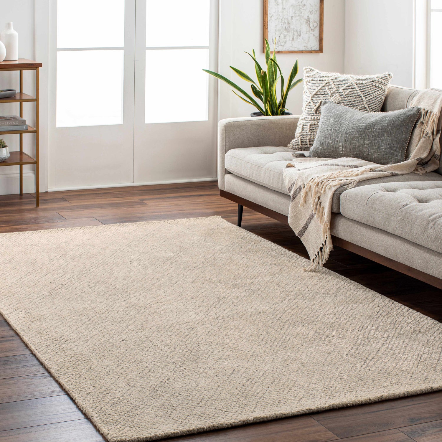 Living room scene with a tan Phalaborwa Area Rug, gray sofa, and wood floors. Roomscene-Rectangle