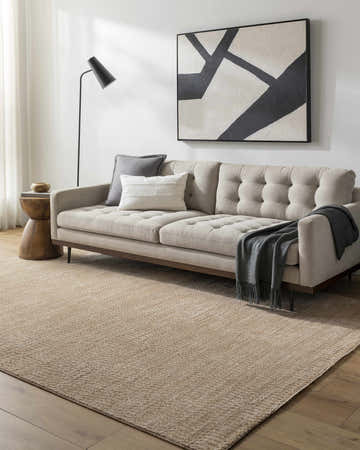 Living room scene with a tan sofa and the Pabla Tan Speckled Area Rug on hardwood floors. Modern, neutral tones. Roomscene-Rectangle