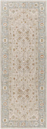 Close-up of the Phyllis Thick Luxe Statement Rug, a runner with light beige, charcoal, and denim traditional patterns. Design-Runner-2773