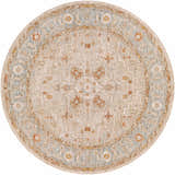 Close-up of round Phyllis Thick Luxe Statement Rug. Beige rug with traditional oriental pattern in brick red, charcoal, and denim. Design-Round-67