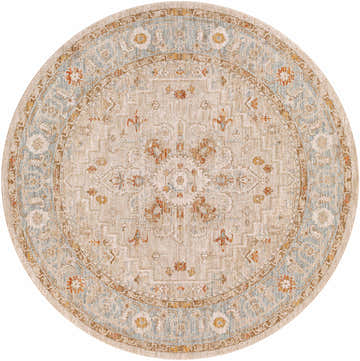 Close-up of round Phyllis Thick Luxe Statement Rug. Beige rug with traditional oriental pattern in brick red, charcoal, and denim. Design-Round-67